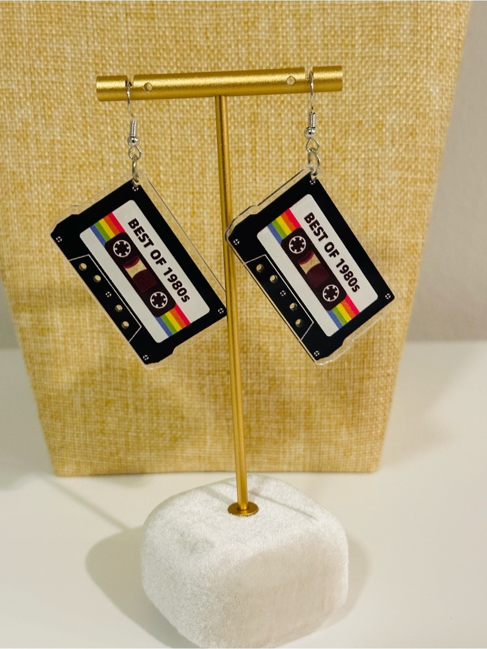 Fashion Jewelry Black Cassette Tape Earrings with Rainbow Stripe